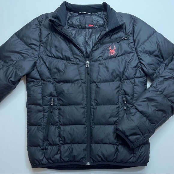 Spyder Down Puffer Jacket Mens Size Medium Black Full Zip Hiking Ski Zip Pockets - Picture 1 of 15